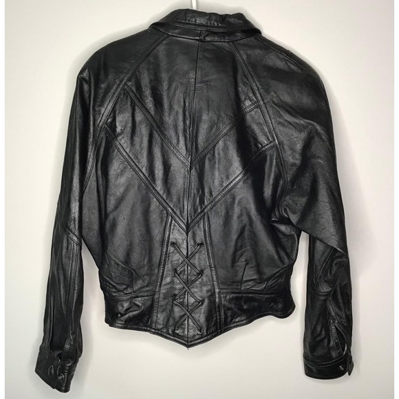 Vintage Wilsons Black Leather Moto Jacket Thinsulate Tie Up Back Biker Coat Sz S - Picture 2 of 10